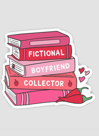 Stack of pink and red romance novels with “Fictional Boyfriend Collector” text — fun book lover sticker.