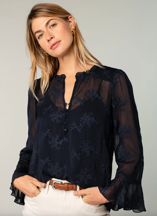 Navy embroidered sheer blouse with split neckline and flutter sleeves by Lovestitch.