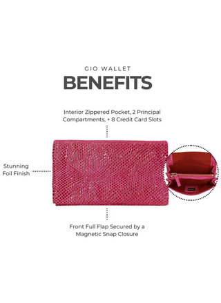 Latico Gio wallet with benefits listed on a white background