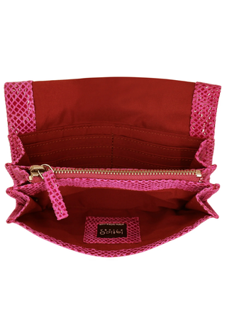 Red Latico Gio wallet with pink interior and trim on a white background