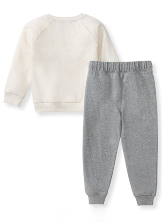 White sweatshirt and gray pants on a white background