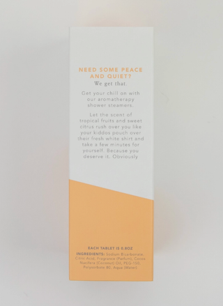 Product packaging with text on a light gray background. Funny parent gift shower steamers made in the USA.