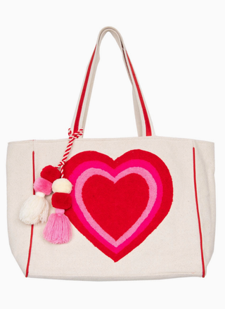 Canvas beach tote with pink and red chenille heart design and tassel detail