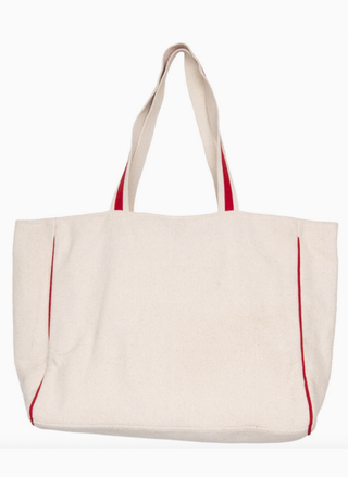 Beige tote bag with red accents on a white background