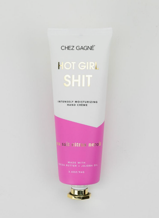 Hand cream tube labeled 'Hot Girl Shit' by Chez Gagne on a white background