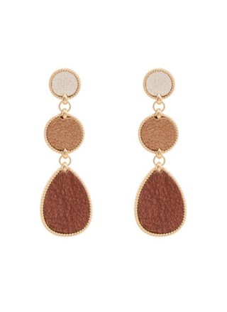 Pair of earrings with gold, brown, and beige color scheme on a white background