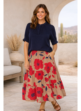 Velvet Heart Rosanna Maxi Skirt styled with navy blouse