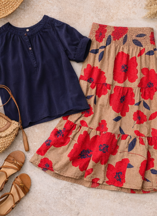 Navy top and beige floral skirt with red flowers on a neutral background