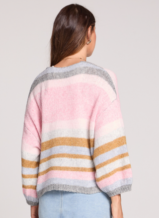 Rear view of the Kiah Striped Cardigan showing the vibrant multi-colored stripe pattern and high-quality knit texture.