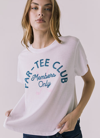 Woman wearing a white t-shirt with 'Car-Tee Club Members Only' text on a plain background