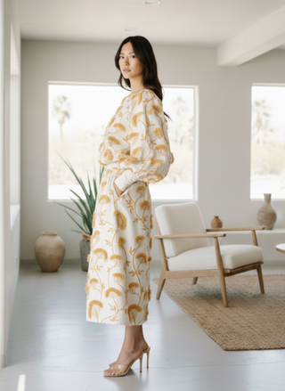 Side view of a woman wearing the Ciebon Wonda white and gold embroidered midi skirt with asymmetrical fringe detail in a neutral desert home setting.