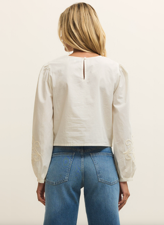 Z Supply Tatiana Poplin Long Sleeve Top white cotton embroidered blouse back view lightweight poplin