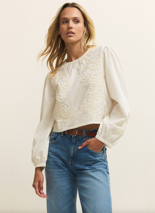 Z Supply Tatiana Poplin Long Sleeve Top white embroidered cotton blouse front view with denim