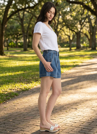 Woman in a white shirt and blue shorts standing on a brick path with trees in the background
