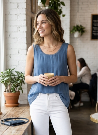 Woman in a cafe wearing M Made in Italy Marine blue sleeveless tank with white jeans and tan mules.