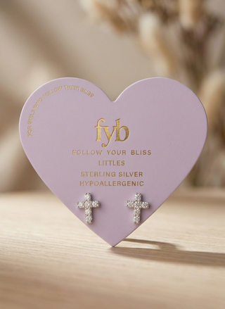 FYB Cross earrings on a purple heart.  Easter or religious earrings found at August Boutique