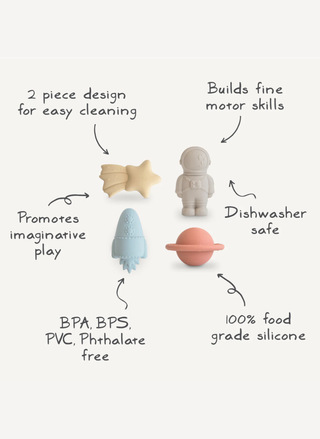 Illustration of toy pieces with text describing features on a white background
