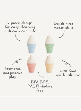 Mushie mix and match ice cream cones with text highlighting "100% food grade silicone," "Builds fine motor skills," and "Dishwasher safe."