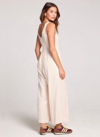 Back and side view of the Leia Striped Jumper showing the smocked tank detail and flowy wide-leg fit.