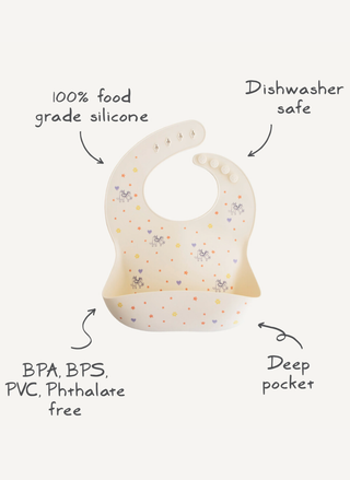 Baby bib with features labeled on a white background