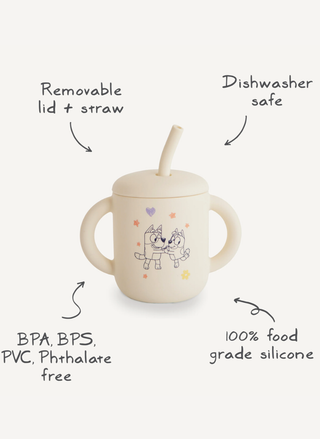 Children's sippy cup with features highlighted on a white background