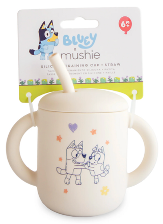 Silicone training cup with straw and lid featuring Bluey character on packaging