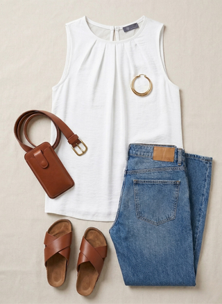 White sleeveless top, blue jeans, brown sandals, and a brown belt on a beige background