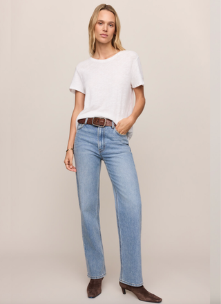 Front full-body view of model wearing Z Supply Foundation Slub Tee and light-wash denim.