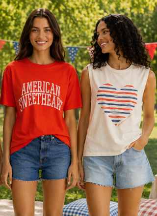 two friends wearing 4th of July themed tee's & denim shorts. 