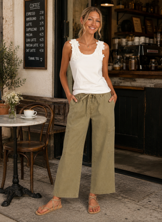 Front view of model wearing the white Dylan Tasha Knit Tank with crochet lace straps and olive cargo pants.