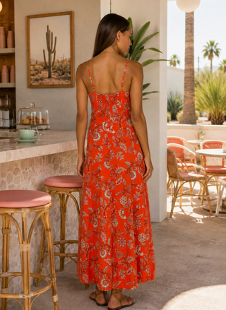 Back view of the Kallie Maxi highlighting the smocked back panel and hidden zipper closure.