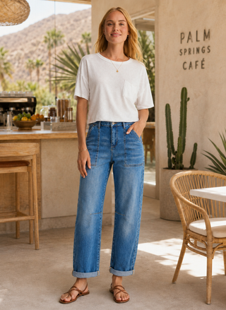 Woman in a white Z Supply Everyday Boxy Tee and Risen barrel jeans standing in a casual outdoor cafe setting with palm trees and mountains in the background.