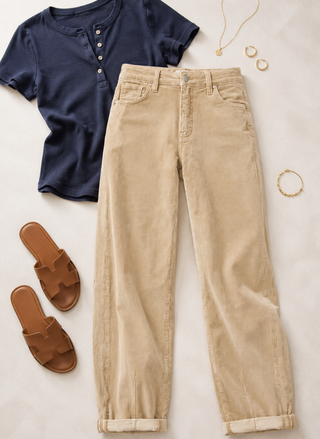 Navy shirt, beige pants, brown sandals, and gold jewelry on a light background