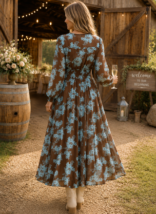 Woman in a floral dress standing in a rustic outdoor setting with wooden barrels and string lights.