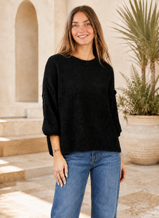 Suzy D London black 3/4 sleeve Fluffy Boxy Sweater on a model wearing Daze Denim.