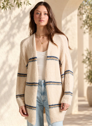 Saltwater Luxe Birdy Striped Cardigan in a natural colorblock knit with a relaxed, open-front long-sleeve silhouette