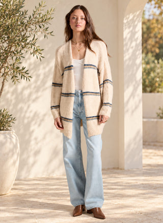 Saltwater Luxe Birdy Striped Cardigan in a natural colorblock knit with a relaxed, open-front long-sleeve silhouette