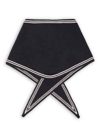 Black 100% cashmere neck scarf with cream double-stripe border and pointed ends, knotted