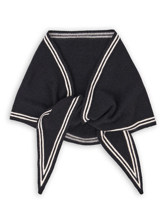 Black 100% cashmere neck scarf with cream double-stripe border and pointed ends, knotted