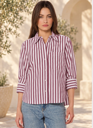 Close-up of the Velvet Heart Valencia Button-Up Shirt in burgundy and white stripe, showing the collar and chest pocket