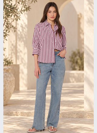 Woman wearing the Velvet Heart Valencia Button-Up Shirt in burgundy stripe, full-length front view styled with jeans