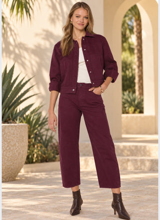 Close-up front view of the Velvet Heart Delphia Denim Jacket in wine wash