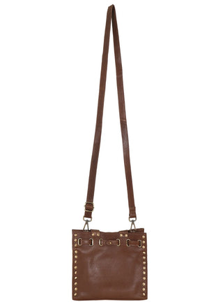 Mocha brown full-grain milled leather crossbody bag with antique brass studs by Latico Leathers