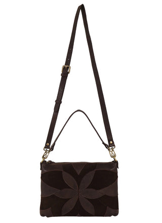 Brown suede and full-grain leather crossbody bag with lotus flower detail by Latico Leathers