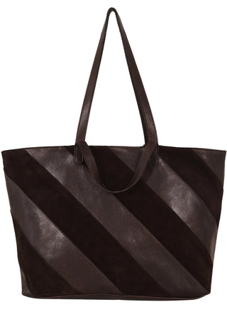 Latico Tanya Suede Leather Tote Bag in Brown with diagonal suede and leather stripes - August Boutique