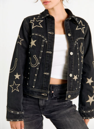 Porter Blue Giddy Up black denim trucker jacket with antique silver studs and Western embroidery - August Boutique