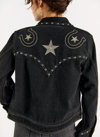 Black studded denim jacket with all-over Western icon embroidery by Porter Blue
