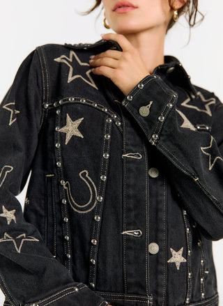 Porter Blue Giddy Up Denim Jacket, black cowgirl jacket with Western embroidery - August Boutique