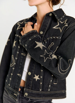 Porter Blue Giddy Up women's western denim jacket with studded yoke and relaxed boxy fit