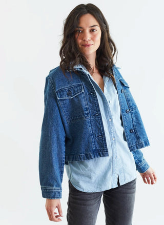 Porter Blue Cottage denim shacket, waist-length boxy trucker jacket with star back - August Boutique